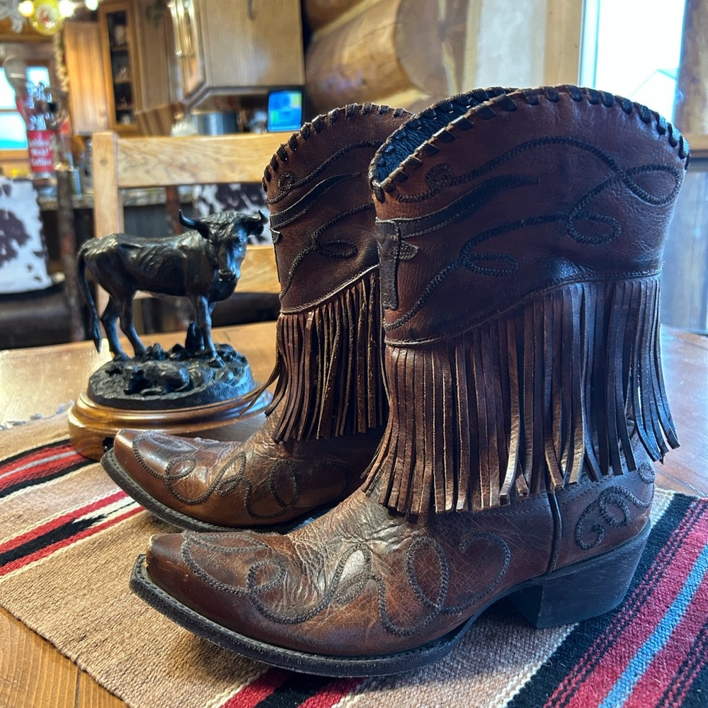 Brown Leather Fringe Cowboy Boots